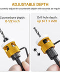 Close-up of a 5-piece countersink drill bit set with a gold knurled depth-stop collar and hex shank