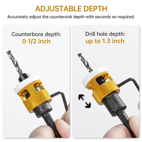 Close-up of a 5-piece countersink drill bit set with a gold knurled depth-stop collar and hex shank