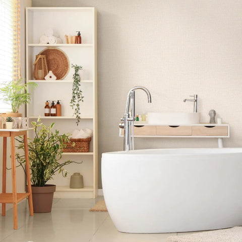 Bathroom with Peel And Stick Wallpaper For Cabinets And Removable Wall Covering, Grasscloth Texture Look, Self Adhesive Vinyl in beige.