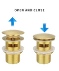 Slick Brass Freestanding Tub Drain Featuring Smooth Pop Up Plug Brushed Gold Hardware showing open and closed position.