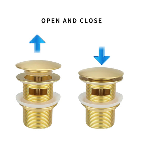 Slick Brass Freestanding Tub Drain Featuring Smooth Pop Up Plug Brushed Gold Hardware showing open and closed position.