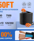 No Sweat 50 Ft Ev Dryer Extension Cord 4 Prong Nema 14 30 Plug 30 Amp 10 Awg Ul Certified Heavy Duty Cable coiled with copper wires.