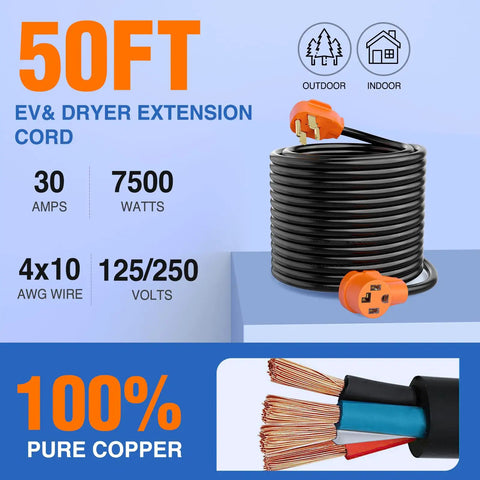 No Sweat 50 Ft Ev Dryer Extension Cord 4 Prong Nema 14 30 Plug 30 Amp 10 Awg Ul Certified Heavy Duty Cable coiled with copper wires.