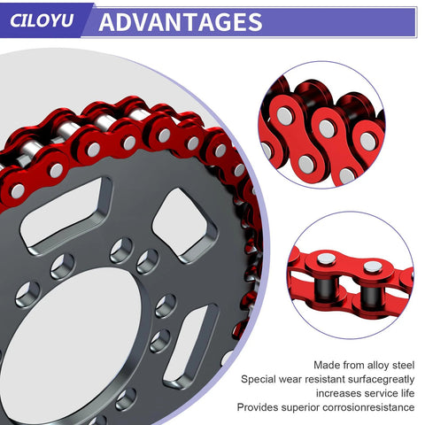 Front view: CILOYU #35 Go Kart roller chain on gray sprocket; red alloy links with silver pins; 95 links, 3 ft