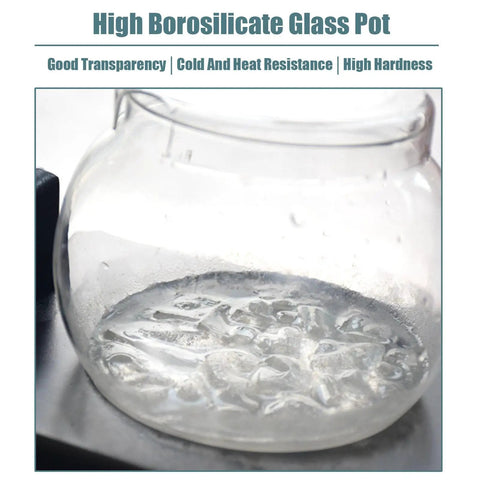 Borosilicate Cold Brew Drip Tower For Iced Coffee Slow Japanese Maker Holds 35 Oz showing clear glass pot with ice.