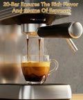 No Fuss Barista Style Shots At Home With This Compact Stainless Steel Espresso Maker Featuring 20 Bar Pressure brewing espresso into a glass cup.