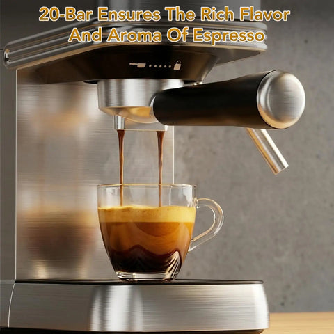 No Fuss Barista Style Shots At Home With This Compact Stainless Steel Espresso Maker Featuring 20 Bar Pressure brewing espresso into a glass cup.