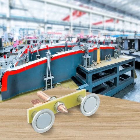 Solid Double Head Magnetic Welding Clamps With Heavy Duty Adsorption And Grounding That Grip Tight For Professional Jobs, displaying clamp in workshop.