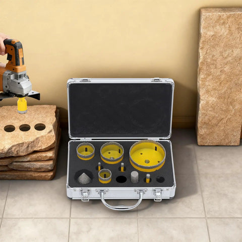 Solid 10-Piece Diamond Hole Saw Kit With Multi-Size Drill Bits For Shattering Glass Tile And Marble Like A Boss In Any Home Reno Job, open case with assorted bits and drill cutting stone