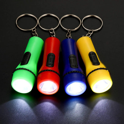 48 Piece Mini LED Flashlight Keychain Set With Assorted Colors including green, red, blue, yellow showing lit LED lights