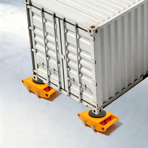 Rock Solid Workhorse 4 Piece Furniture Dolly Set, 3300 Lbs Capacity Industrial Machinery skates under a shipping container on a smooth surface.