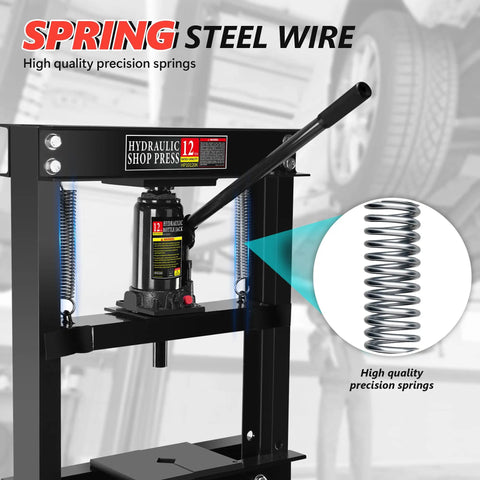 12 Ton H Frame Hydraulic Shop Press for Garage Floor Use With Adjustable Bed and Stamping Plates, shown with steel spring
