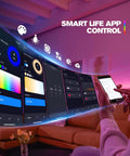 Person using smartphone to control LED lights with Smart Life app, showcasing All In One LED Strip Controller Kit With RF Remote And WiFi.