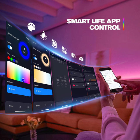 Person using smartphone to control LED lights with Smart Life app, showcasing All In One LED Strip Controller Kit With RF Remote And WiFi.