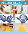 Fast Drying Ceramic Glue Adhesive For Porcelain And Tile Repairs showing repaired items like a teapot and bracelet