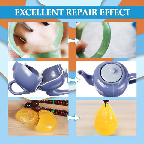 Fast Drying Ceramic Glue Adhesive For Porcelain And Tile Repairs showing repaired items like a teapot and bracelet