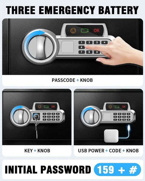Steel Home Safe 1.5 Cu Ft With Fireproof Bag And Digital Electronic Keypad Security Safe Box showing keypad and emergency power options.