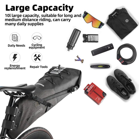 Adjustable 14L Waterproof Bikepacking Saddle Bag For Road And Mountain Bikes With Roll Top Closure Foldable Design