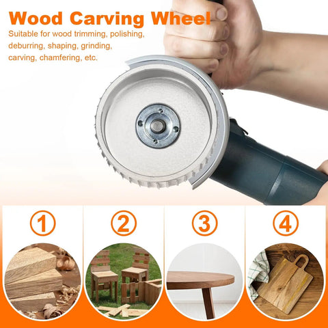 Heavy Duty Carbon Steel Wood Carving Wheel And Wood Shaping Disc For Angle Grinder held in hand, showing cutting edge and design.