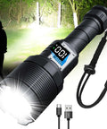 Ridiculously Bright Rechargeable LED Flashlight With Up To 200000 Lumens, 30W Power, Zoomable Beam, Waterproof, Five Modes, USB Recharge.