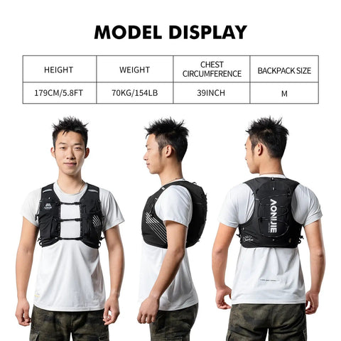 Super Light And Breathable Running Hydration Vest For Guys And Gals On The Trails 10 Liter Capacity To Carry All Your Essentials Without Weighing You Down Mesh Panels Let Air Flow To Beat The Heat On Epic Long Runs front, side, and back view on model