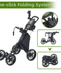 Four Wheel Golf Push Cart With Cup Holder And Umbrella Holder One Click Folding Height Adjustable Handle Lightweight Foldable Golf Pull Cart For Easy Car Trunk Storage, black aluminum