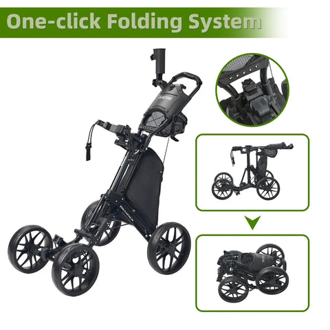 Four Wheel Golf Push Cart With Cup Holder And Umbrella Holder One Click Folding Height Adjustable Handle Lightweight Foldable Golf Pull Cart For Easy Car Trunk Storage, black aluminum