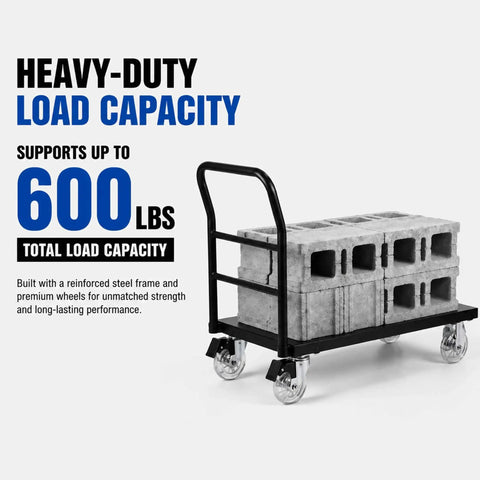 Heavy duty cart with clear three inch caster wheels set of four, supporting 600 lbs, ideal for hauling blocks.