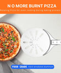 8 Inch Pizza Turning Peel With Long Handle Spinner, perforated aluminum pizza peel next to baked pizza for home baking