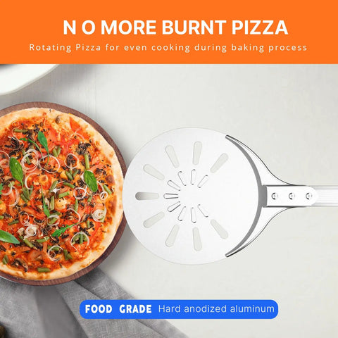 8 Inch Pizza Turning Peel With Long Handle Spinner, perforated aluminum pizza peel next to baked pizza for home baking