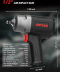 Pro Grade 1/2 Inch Air Impact Wrench 1245 Ft Lbs Max Torque Twin Hammer Design side view with specifications