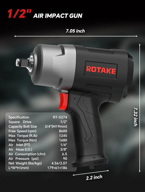 Pro Grade 1/2 Inch Air Impact Wrench 1245 Ft Lbs Max Torque Twin Hammer Design side view with specifications