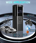 Illustration of Cordless Tire Inflator Portable Air Compressor with LED Light for cars, motorcycles, bicycles, and balls.