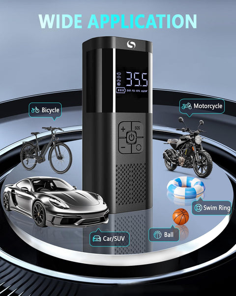 Illustration of Cordless Tire Inflator Portable Air Compressor with LED Light for cars, motorcycles, bicycles, and balls.