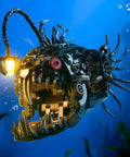 Front view of Mechanical Anglerfish Building Kit For Adults With Light Display 1038 Piece Set Steampunk Ocean Creature Blocks.