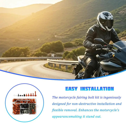 195 Piece Stainless Steel Motorcycle Fairing Bolt Kit With Bolts Screws Nuts Washers Clamps And Self Tapping Screws Universal Windshield Fasteners For Dirt Bikes Scooters Motocross In Orange on display with a motorcyclist riding on a scenic road