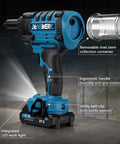 Powerful Cordless Rivet Gun Compatible With Makita 18V Battery Featuring High torque Brushless Motor And Auto riveting showing ergonomic handle and LED light.
