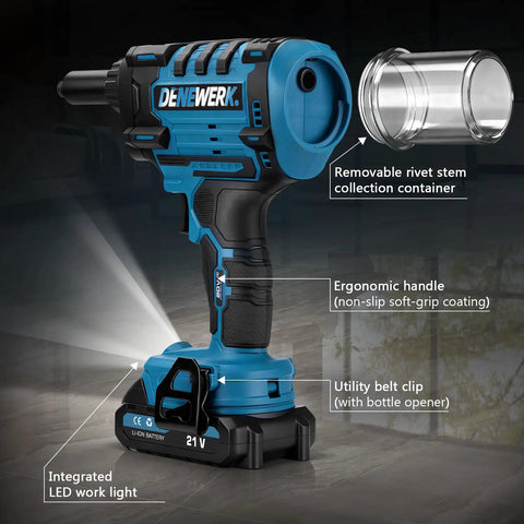 Powerful Cordless Rivet Gun Compatible With Makita 18V Battery Featuring High torque Brushless Motor And Auto riveting showing ergonomic handle and LED light.