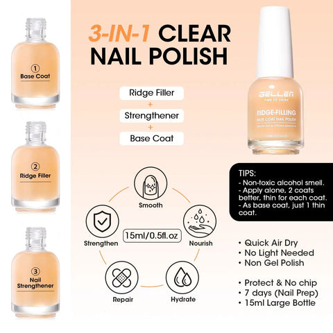 Clear Ridge Filling Base Coat And High Shine Top Coat Two Piece Manicure Kit For Nails, bottles of base coat, ridge filler, nail strengthener