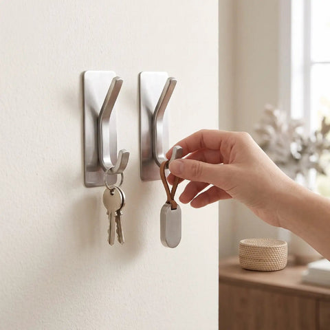 Insane Grip No Drill Towel Hooks Six Pack Silver Rust Proof Heavy Duty Bathroom Wall Mount With Ultra Thick Adhesive holding keys on a wall.