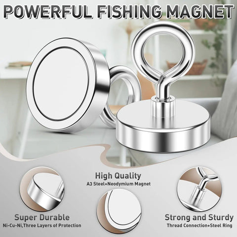 Fishing Magnet 1.76 Inch With 200 Pound Pull Neodymium Rare Earth Round Magnet With Lifting Eye Bolt showcased with features