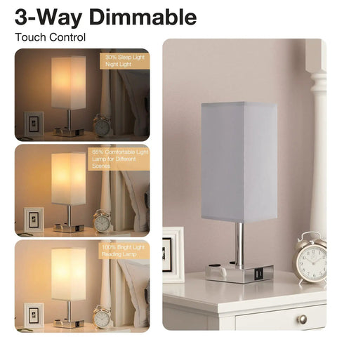 Touch Control Bedside Lamp With USB C And USB A Ports Dual AC Outlets 3 Way Dimmable Nightstand Light For Bedroom Living Room And Office Includes LED Bulb And Shade Simple Modern Design For Cozy Sleep Reading And Easy Device Charging