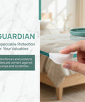 Pro Grade Protective Corner Guards For Picture Frames And Glass Tables being applied to a glass table edge.