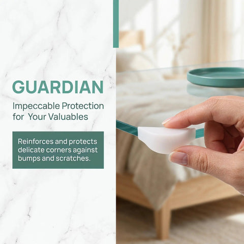 Pro Grade Protective Corner Guards For Picture Frames And Glass Tables being applied to a glass table edge.