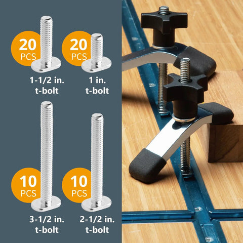 Multiple sizes of t-bolts and 5-star knobs in use with T-track clamp from 128 Piece T Track Knob Kit For Woodworking Jigs And Fixtures Featuring 5 Star Knobs And 1 4 20 Threaded Bolts And Washers Heavy Duty Pro Grade Hardware For DIY Custom Jigs And Fixtures.