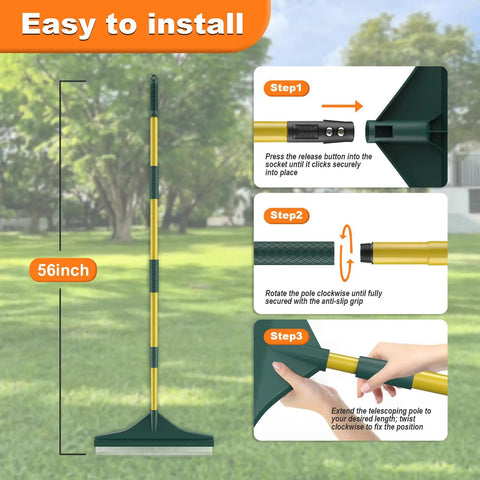 Beefy Turf Rake With Steel Telescopic Handle, Adjustable From 32 To 55 Inches, Easy assembly instructions displayed
