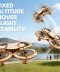 DIY Wooden RC Drone Kit Snap Together Flying Quadcopter For Beginners in flight showcasing stability over a scenic lake view.