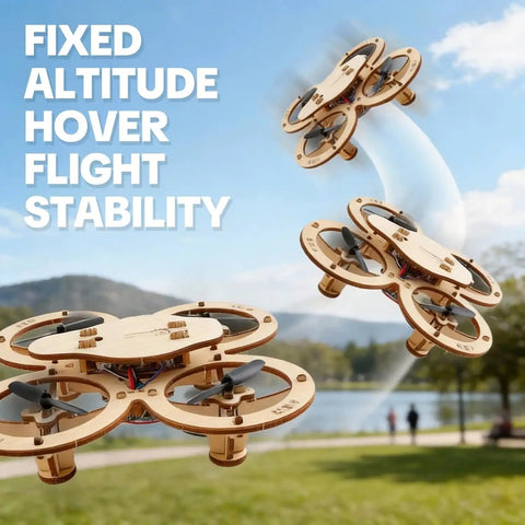 DIY Wooden RC Drone Kit Snap Together Flying Quadcopter For Beginners in flight showcasing stability over a scenic lake view.