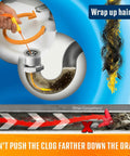 Illustration demonstrating the Drain Weasel 18 Inch Flexible Hair Clog Remover Tool Kit for sinks showers and tubs with 360 rotation, highlighting its ability to wrap up hair and avoid pushing clogs further down the drain.