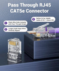 Pass-through RJ45 CAT5e connectors showing wire alignment and fit for 24AWG cables, part of All-In-One RJ45 Pass-Through Crimp Tool Kit